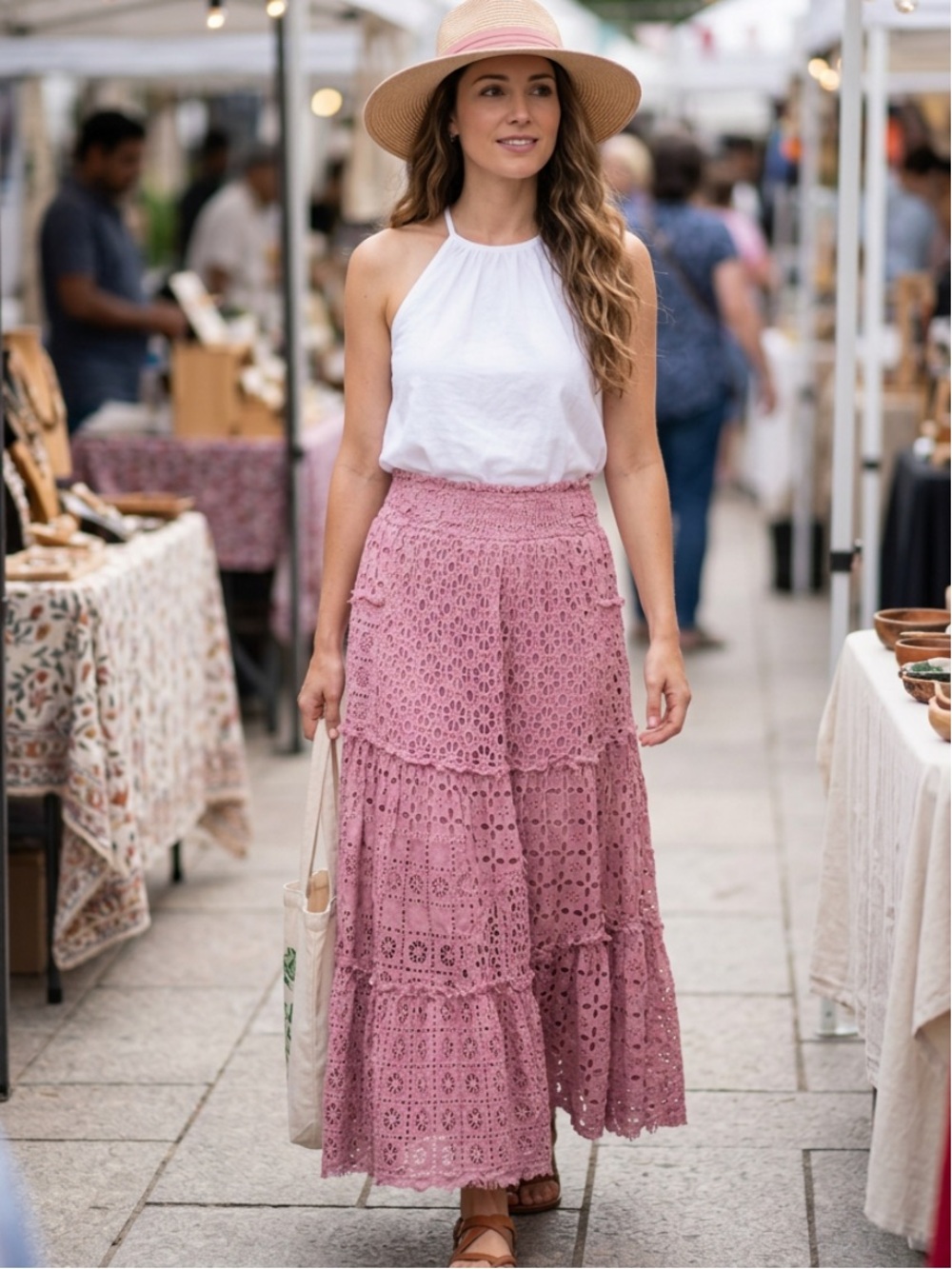 Free People Crochet Smocked Waist Pink Maxi Skirt Sz M Women